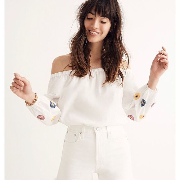 Madewell Womens Embroidered Off-the-Shoulder Top White Long Balloon Sleeve boho - Picture 1 of 16
